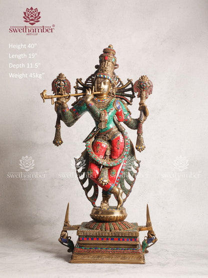 Pure Brass Lord Krishna Statue With Stonework 40"