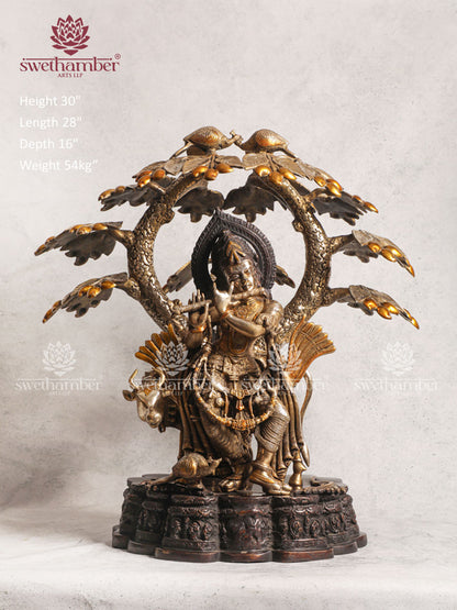 Brass Krishna Cow With Tree 30'