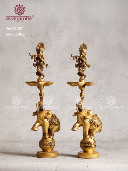 Brass Home Décor Krishna With Elephant Lamp