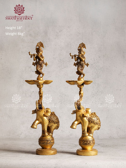 Brass Home Décor Krishna With Elephant Lamp
