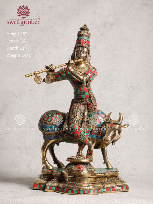 Brass Krishna With Cow Stone Work