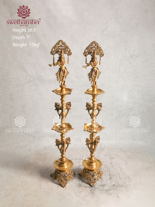 BRASS STANDING KRISHNA LAMP SET