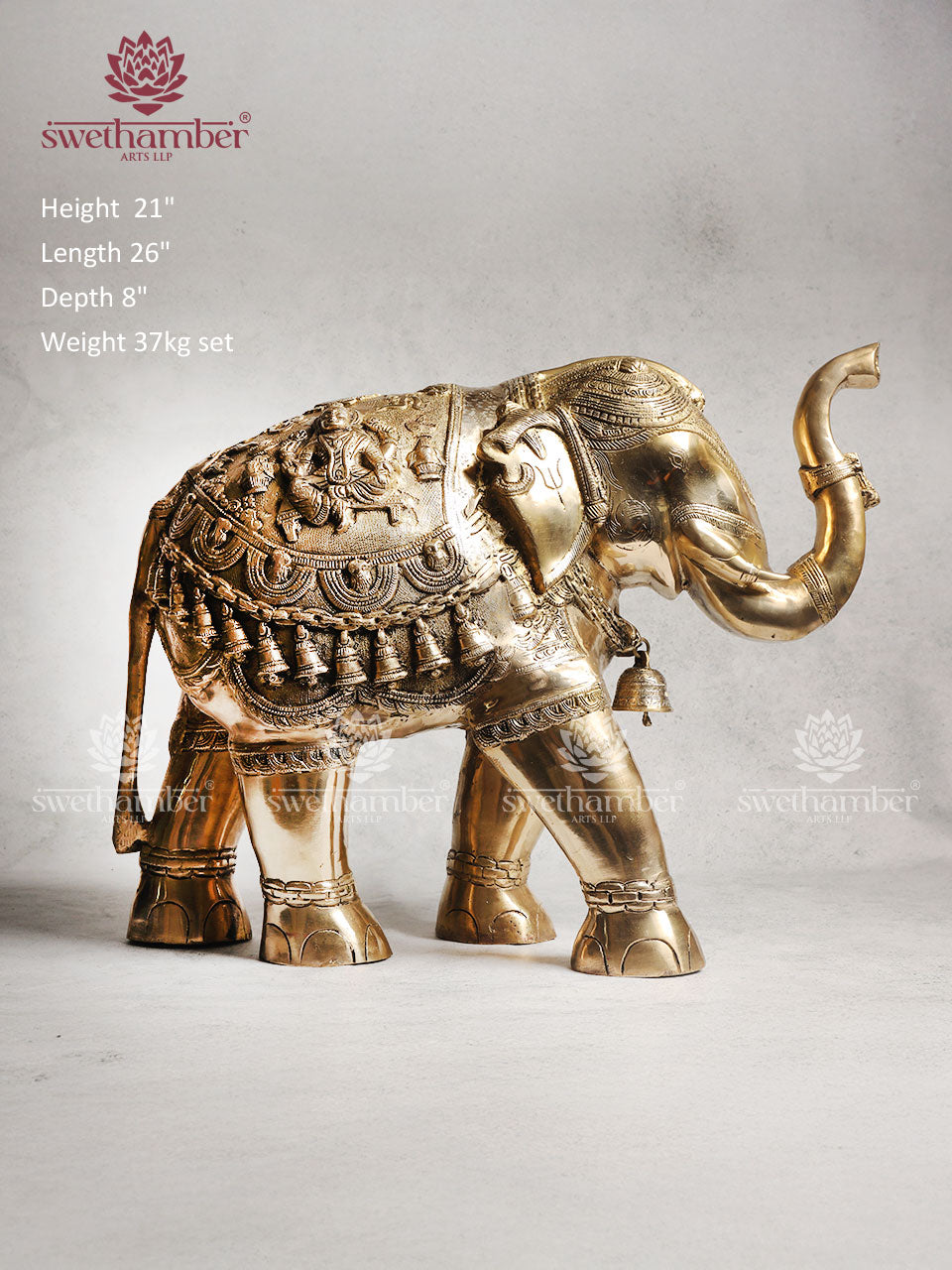 Brass Elephant Statue With Enhanced Carving 21"
