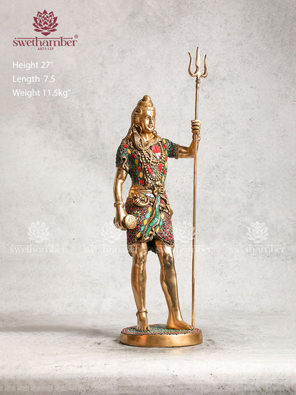 Brass Standing Shiva Idol With Stone Work