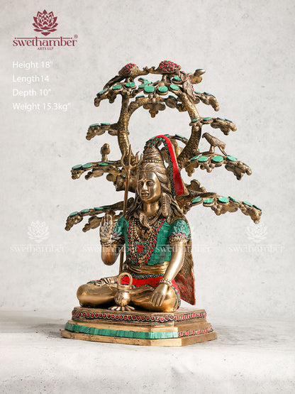 Brass Shiva Idol Sitting Under Tree For Home Decor