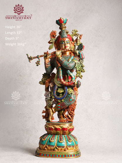 Brass Multicoloured Krishna Statue With Stone Work