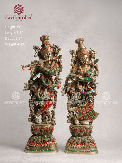 Handcrafted Radha Krishna Brass Idol Antique Finish With Stone Work
