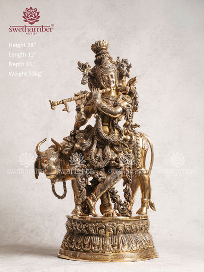 Brass Radha Krishna With Cow Statue