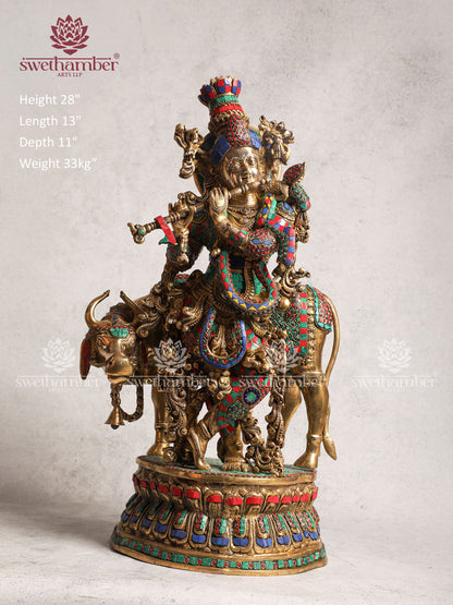 Brass Cow Krishna With Stone Work