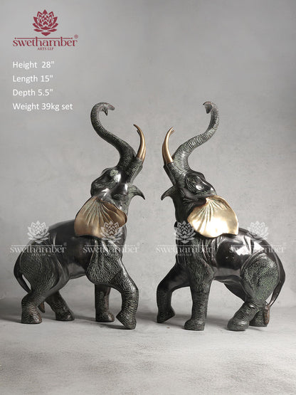 Pure Brass Trunk Up Elephant Statue In Green Patina Finish 28"