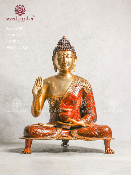 Brass Buddha With Blessing Hand - Copper Red Colour For Decoration