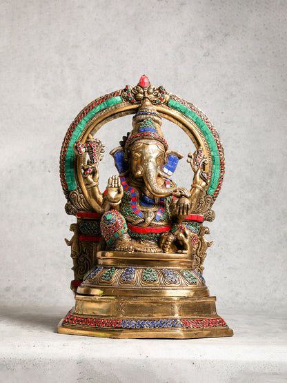 Brass Ganesh With Prabhavali With Stone Work
