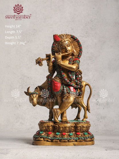Brass Krishna Cow Home Décor With Stone Work