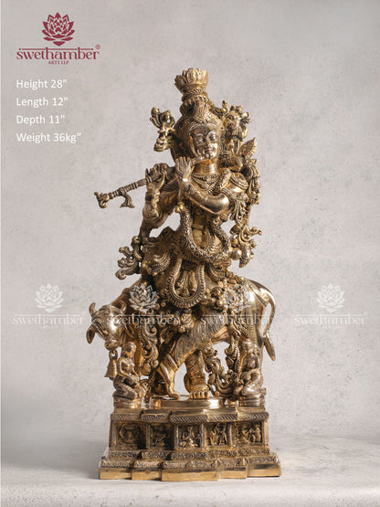 Pure Brass Lord Krishna With Cow Statue - 28" Height