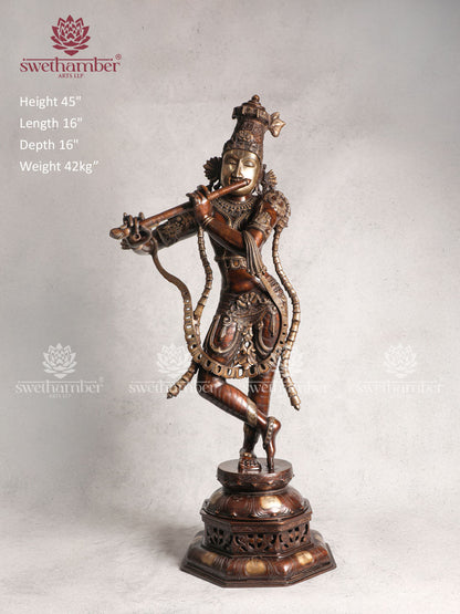 Decorative Antique Brass Krishna Figurine With Colour