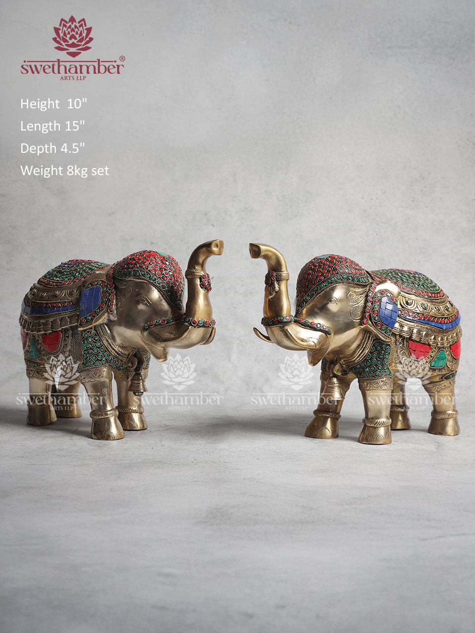 Brass Elephant Statue With Colorful Stones Work 10"