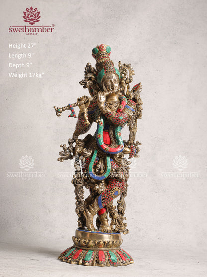 Brass Krishna idol with stone work