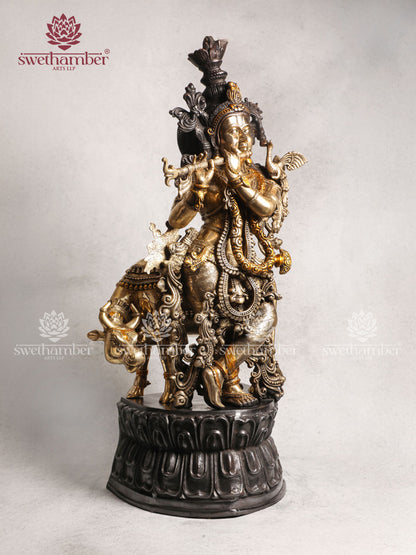 Brass Large Cow Krishna With Three Tone Colour