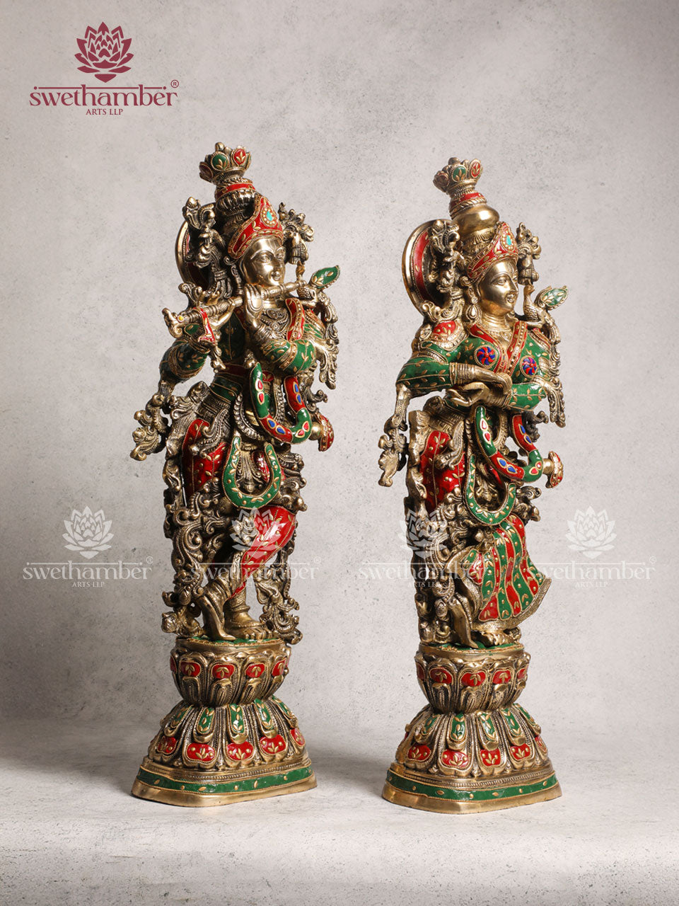 Handcrafted Radha Krishna Brass Idol Antique Finish With Stone Work