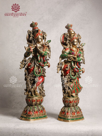 Handcrafted Radha Krishna Brass Idol Antique Finish With Stone Work