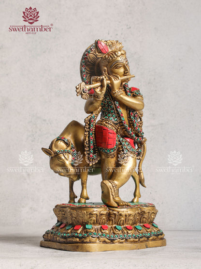 Brass Krishna Cow Home Décor With Stone Work