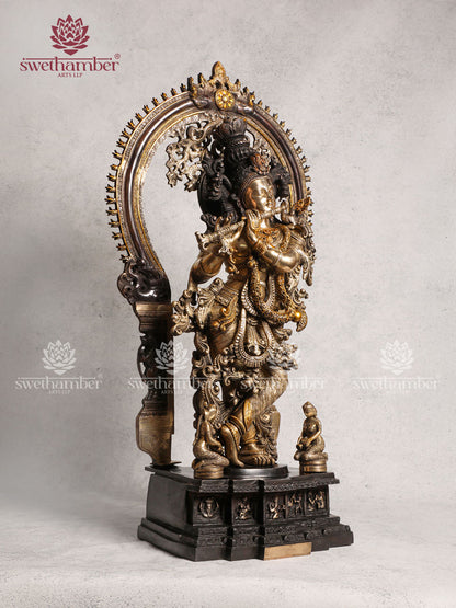 Brass Antique Krishna Statue With Colour