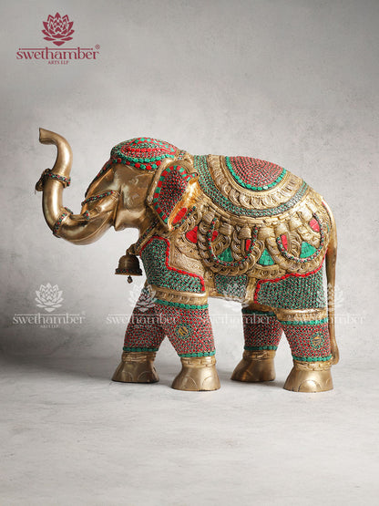 Brass Elephant Statue With Colorful Stones Work 22"