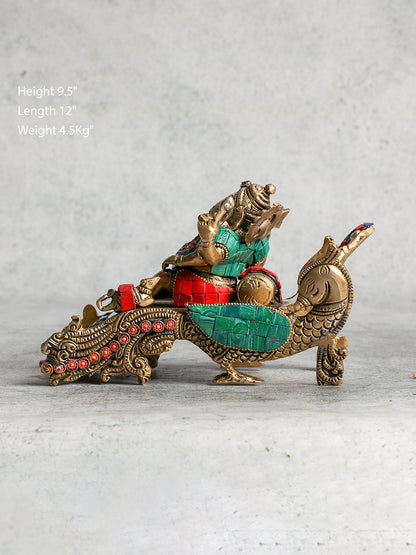 Relaxed Pose Brass Ganesha Statue With Stone Work