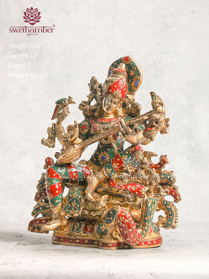 Brass Saraswati Idol for Home Use and Study Rooms