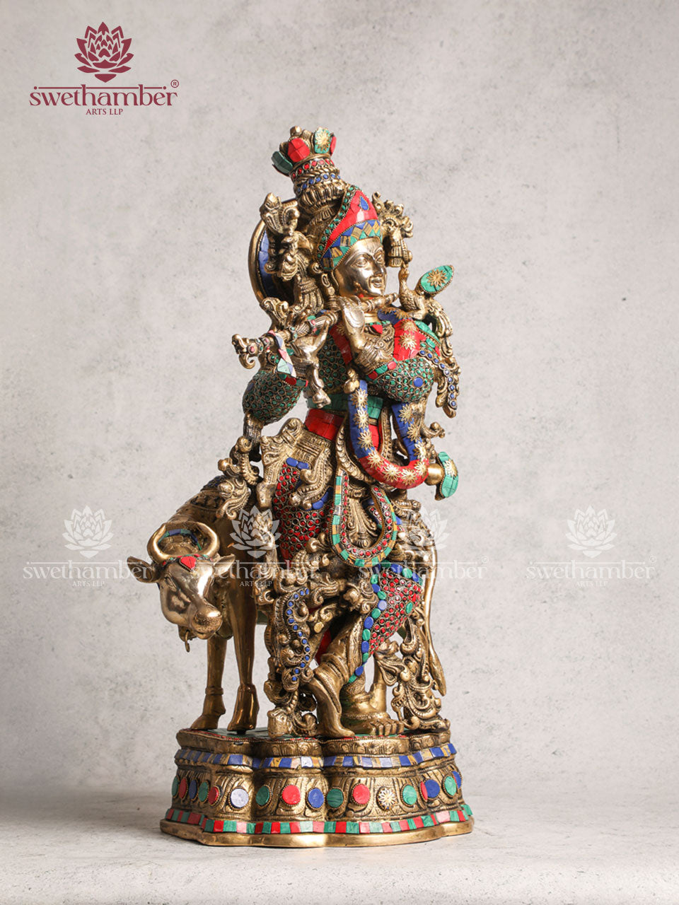 Antique Brass Radha Krishna  With Cow Stone Work