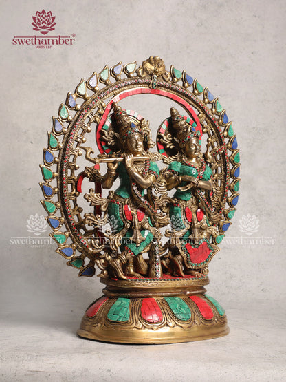 Brass Radha Krishna Statue With Multi Coloured Stone