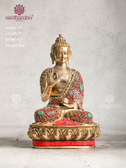 Brass Blessing Buddha With Multicoloured Stone Work