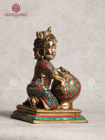 Brass Multicoloured Butter Krishna Statue