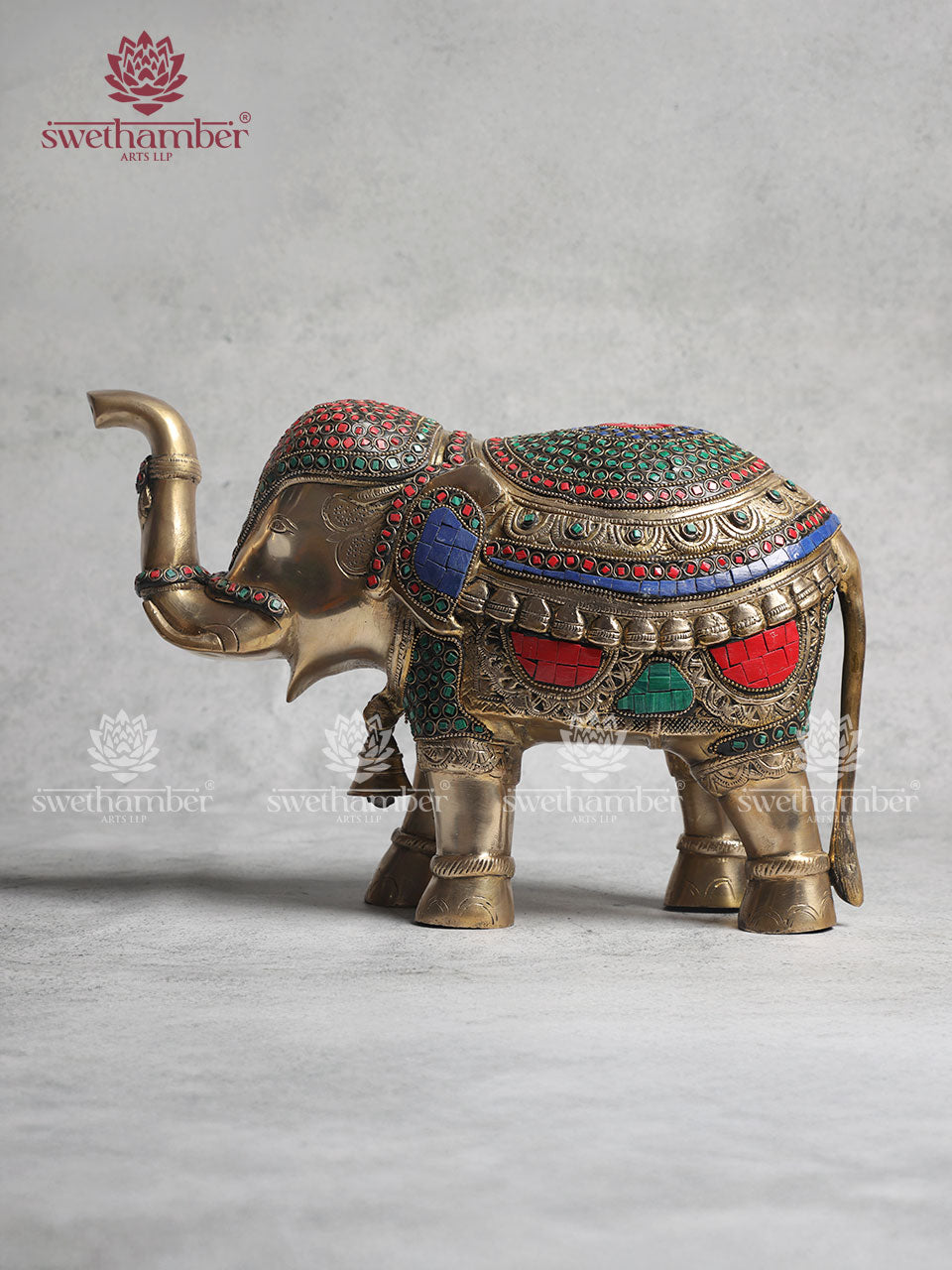 Brass Elephant Statue With Colorful Stones Work 10"