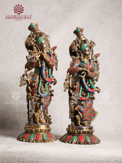 Brass Radha Krishna Idol Lotus Base With Multicoloured Stone Work For Home Décor