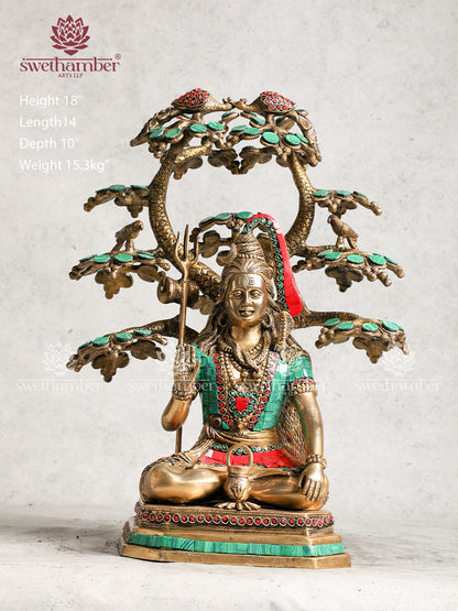 Brass Shiva Idol Sitting Under Tree For Home Decor