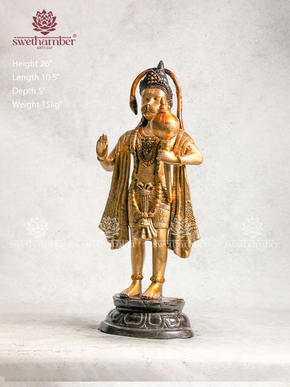 Brass Standing Lord Hanuman Statue With Three Tone Colour