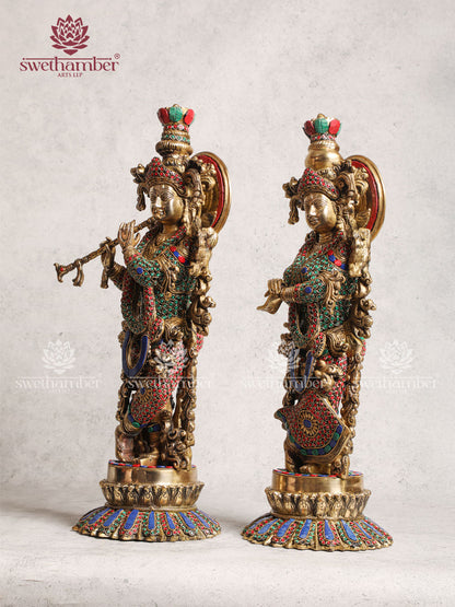 Brass Radha Krishna Idol Lotus Base With Multicoloured Stone Work For Home Décor