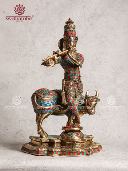 Brass Krishna With Cow Stone Work