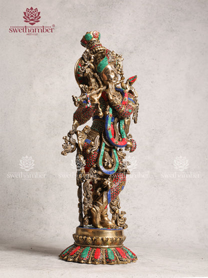Brass Krishna idol with stone work