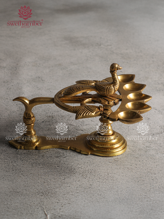 Brass Pancharti with Peacock – 5 Wick Aarti Lamp