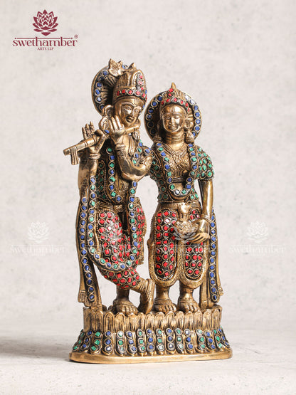 Brass Radha krishna Murti idol With Stone Work