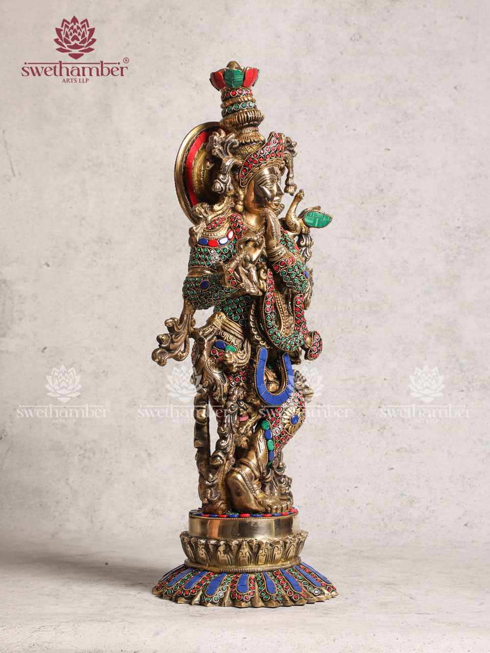 Brass Krishna With Lotus Base Idol With Stone Work
