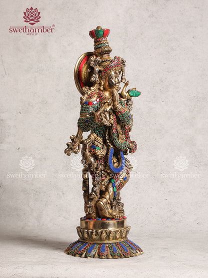 Brass Krishna With Lotus Base Idol With Stone Work