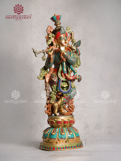 Brass Multicoloured Krishna Statue With Stone Work