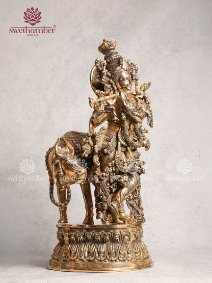 Brass Radha Krishna With Cow Statue