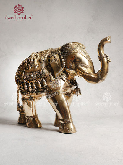 Brass Elephant Statue With Enhanced Carving 21"