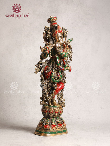 Brass Krishna Idol With Stone Work