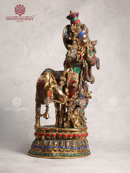Brass Cow Krishna With Stone Work