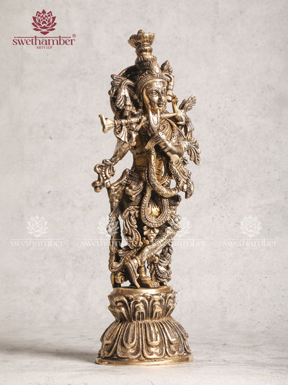 Pure Brass Lord Krishna With Cow Statue - 28" Height